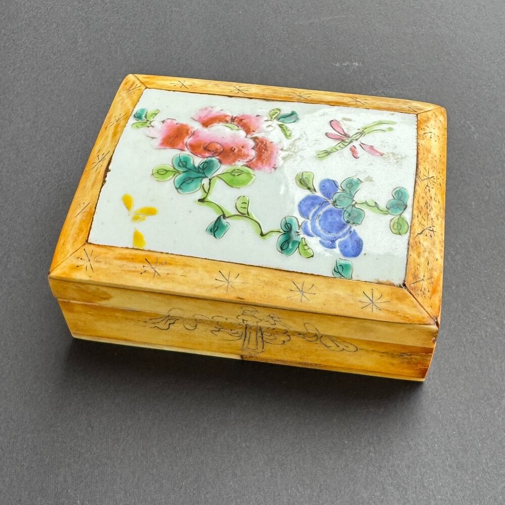 RARE Vintage Chinese OX Bone and Porcelain Trinket Jewelry Box Floral